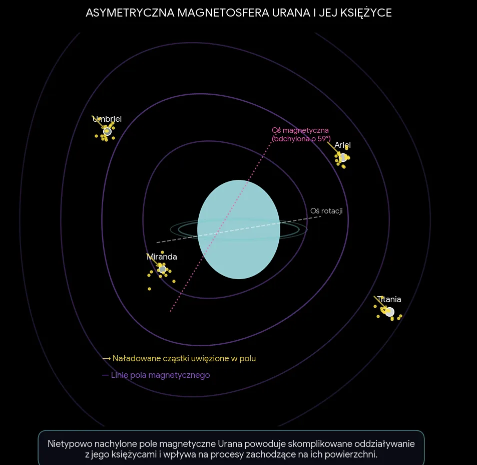Magnetosfera Urana ma nietypową geometrię, która wpływa na sposób oddziaływania cząstek energetycznych z powierzchniami jego księżyców. Naukowcy podejrzewają, że bombardowanie przez te cząstki odgrywa ważną rolę w chemicznej ewolucji lodowych światów takich jak Ariel czy Umbriel.